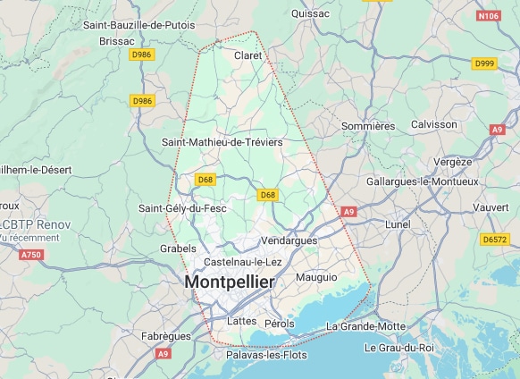 Carte détaillée de la métropole de Montpellier et sa région, délimitée en rouge. Villes clés: Lattes, Palavas-les-Flots, Claret. Routes: A9, D68.