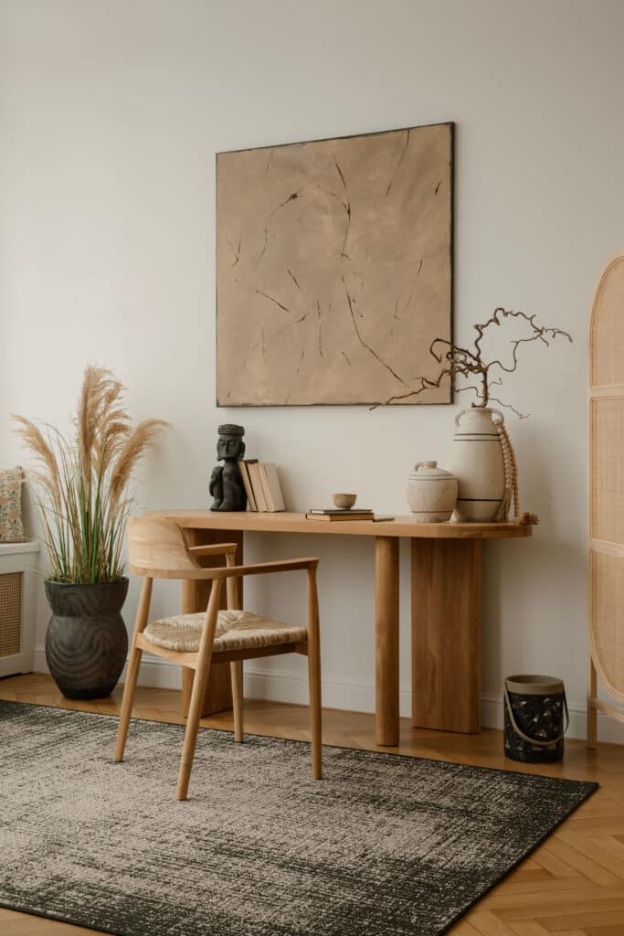 Bureau en bois clair avec chaise tressée. Mur blanc, tableau abstrait beige. Décoration naturelle: pampas, vase, livres, statuette. Tapis moderne sur parquet.