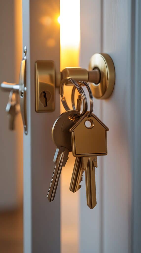 Clés dorées, dont une en forme de maison, pendent d'une poignée de porte en laiton. Lumière chaude filtre par l'ouverture.