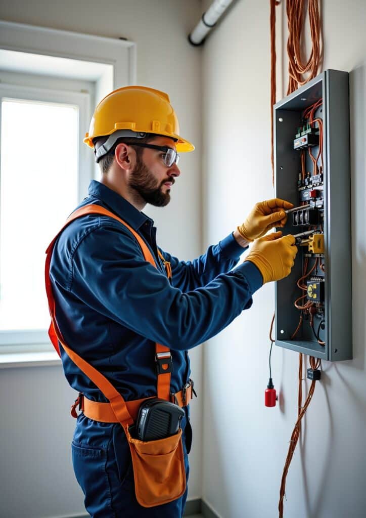 Électricien barbu en casque jaune et gants, ajustant des fils dans un tableau électrique mural avec des outils.