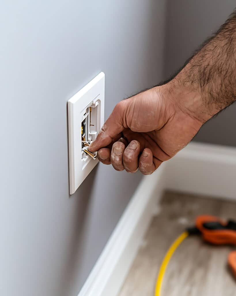 Main sale d'un technicien installant un câble réseau dans une prise murale blanche. L'outil pousse un fil dans le keystone sur mur gris.