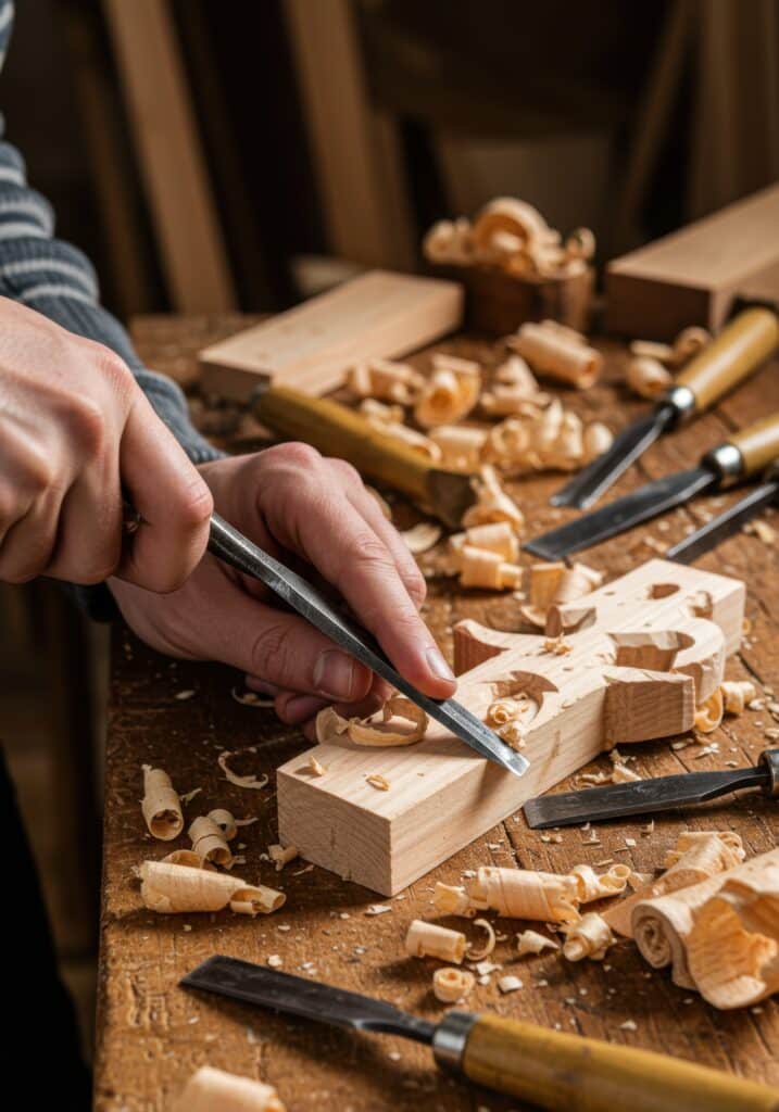 Mains d'artisan sculptant une pièce de bois clair avec un ciseau sur un établi en bois rustique, entouré de copeaux de bois. Action précise de gravure.